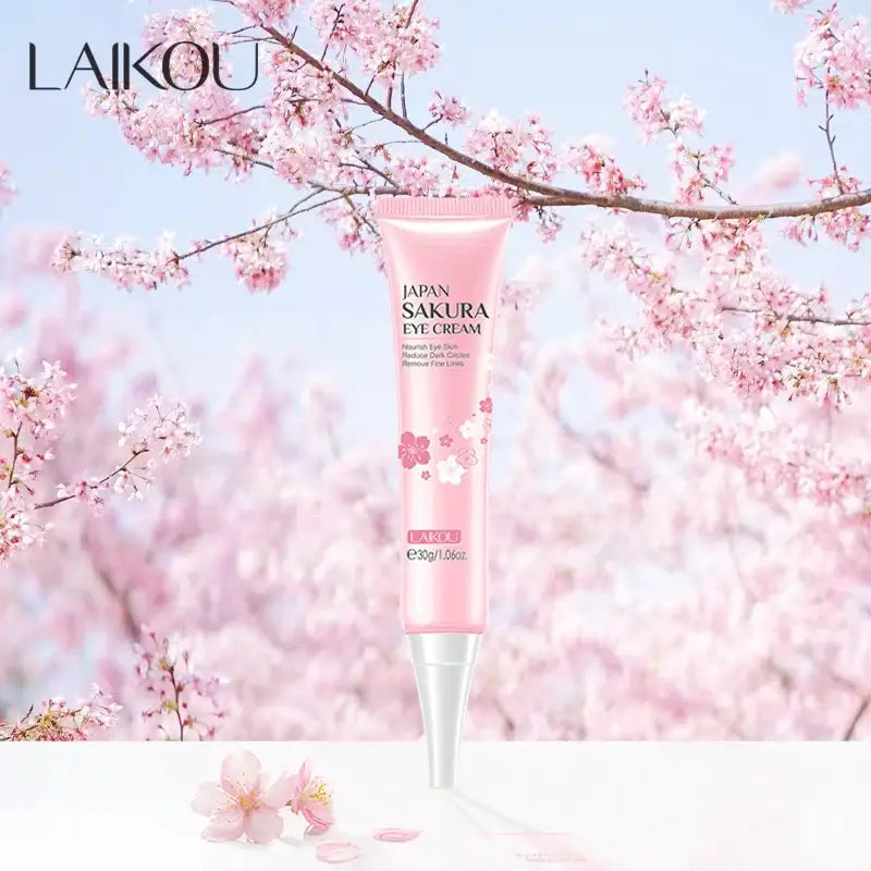 LAIKOU Japan Sakura Eye Cream for Dark Circles and Anti-Puffiness, 30g tube, featuring moisturizing sakura essence extract.