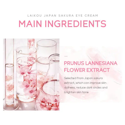 LAIKOU Japan Sakura Eye Cream main ingredients with Prunus Lannesiana flower extract to improve skin dullness, reduce dark circles, and brighten skin tone.