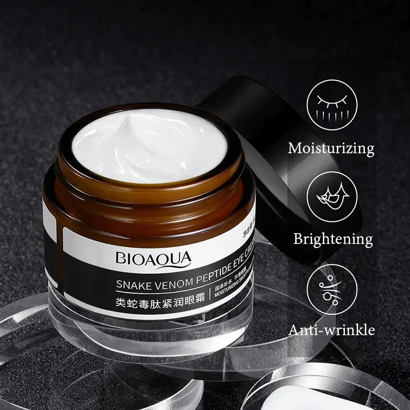 BIOAQUA Peptide Eye Cream jar open showcasing moisturizing, brightening, and anti-wrinkle benefits.