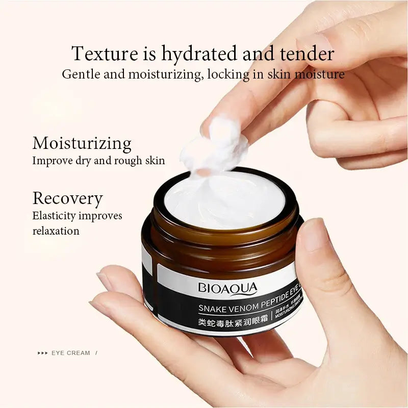 BIOAQUA Peptide Eye Cream in a brown jar held by a hand, demonstrating moisturizing and anti-puffiness benefits.